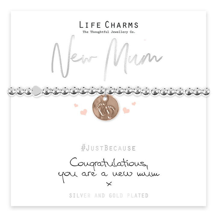 Life Charms New Mum Bracelet with silver and gold-tone charms, designed for new mothers, by Cornucopia Home and Gift.
