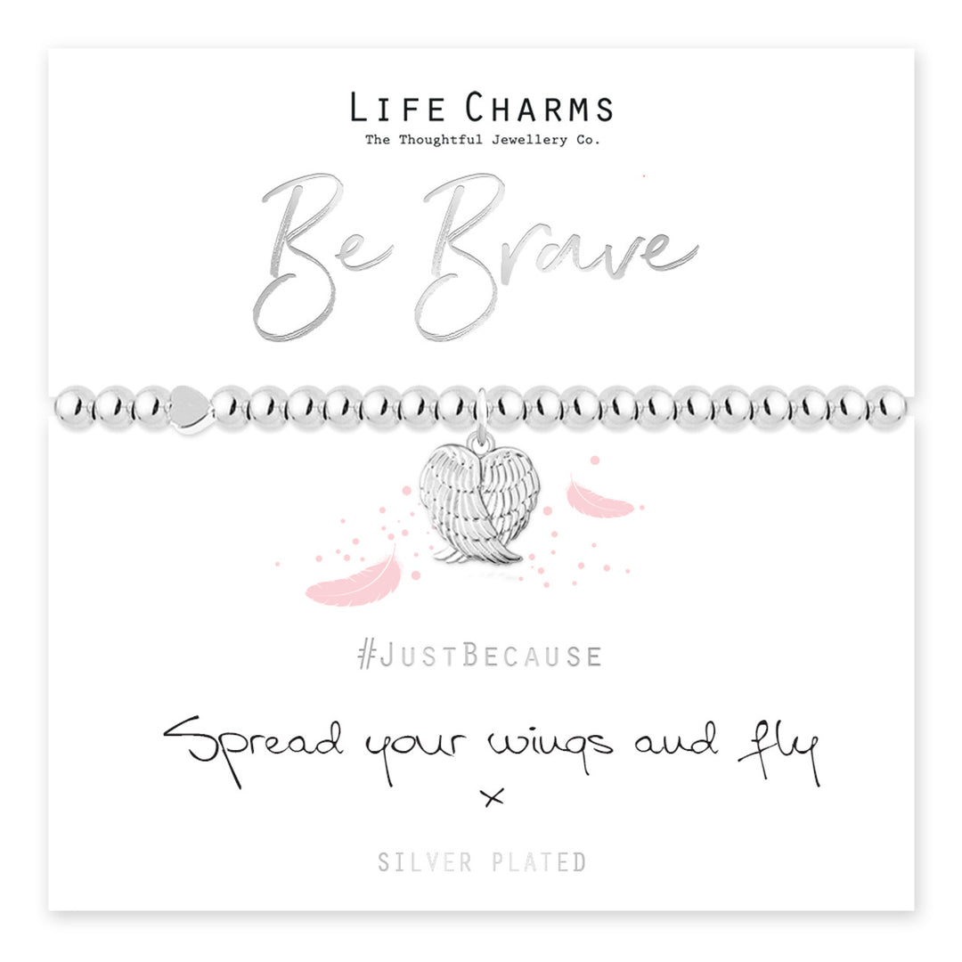 Be Brave bracelet from Cornucopia Home and Gift's Life Charms collection, featuring a silver-toned charm with engraved "Be Brave" text.