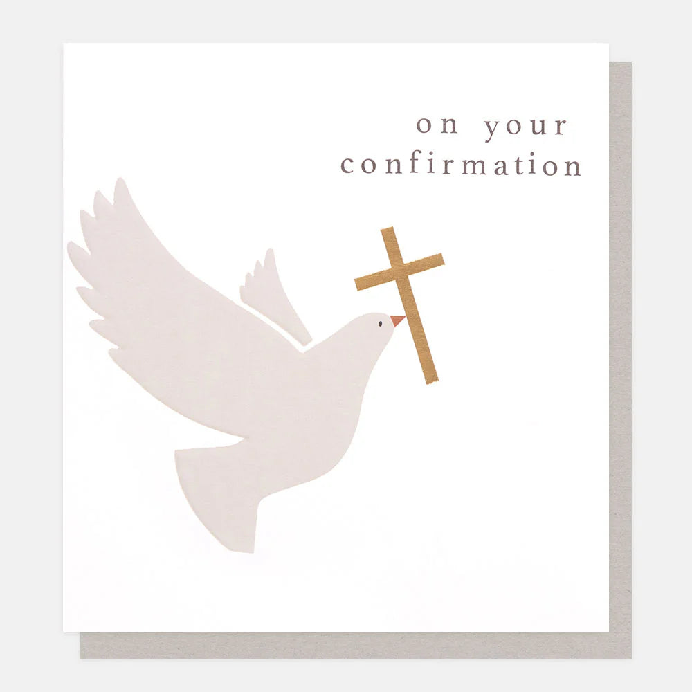 Caroline Gardner golden confirmation card featuring elegant design, ideal for special occasions, from Cornucopia Home and Gift.