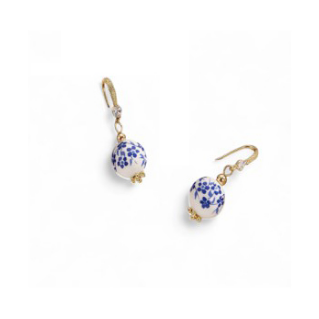 White, Blue &amp; Gold Porcelain Flower Hook Earrings