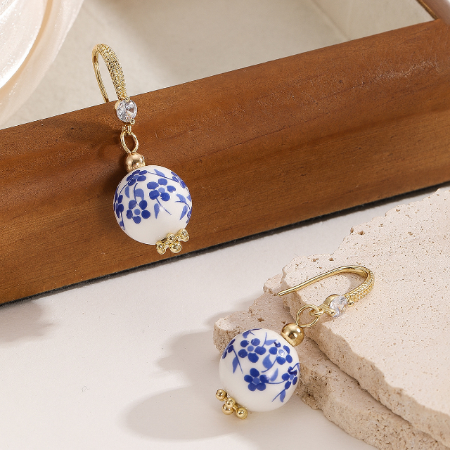 White, Blue &amp; Gold Porcelain Flower Hook Earrings