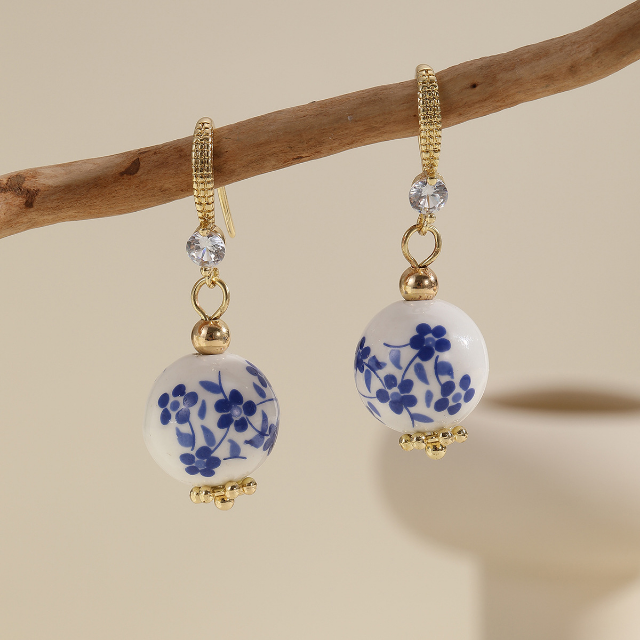 White, Blue &amp; Gold Porcelain Flower Hook Earrings