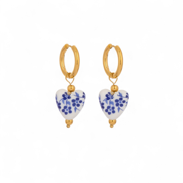 White, Blue &amp; Gold Porcelain Heart Huggie Earrings