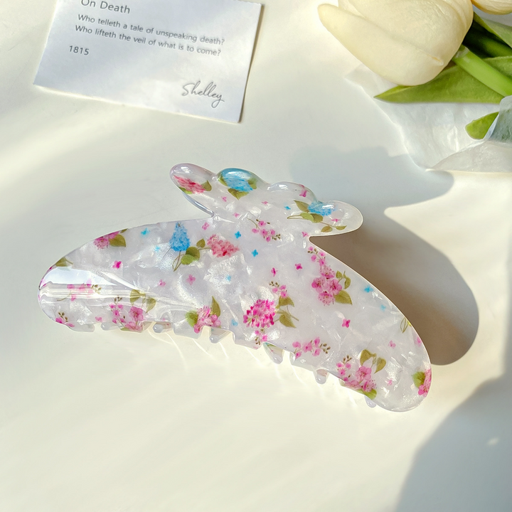 Pink &amp; Blue Floral Claw Hair Clip – Soft Blush Detail