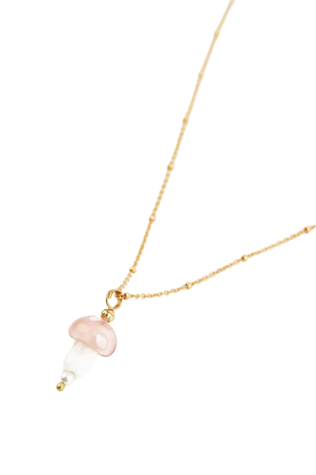 Light pink glass mushroom pendant necklace by My Doris, featuring a delicate mushroom design on a fine chain.