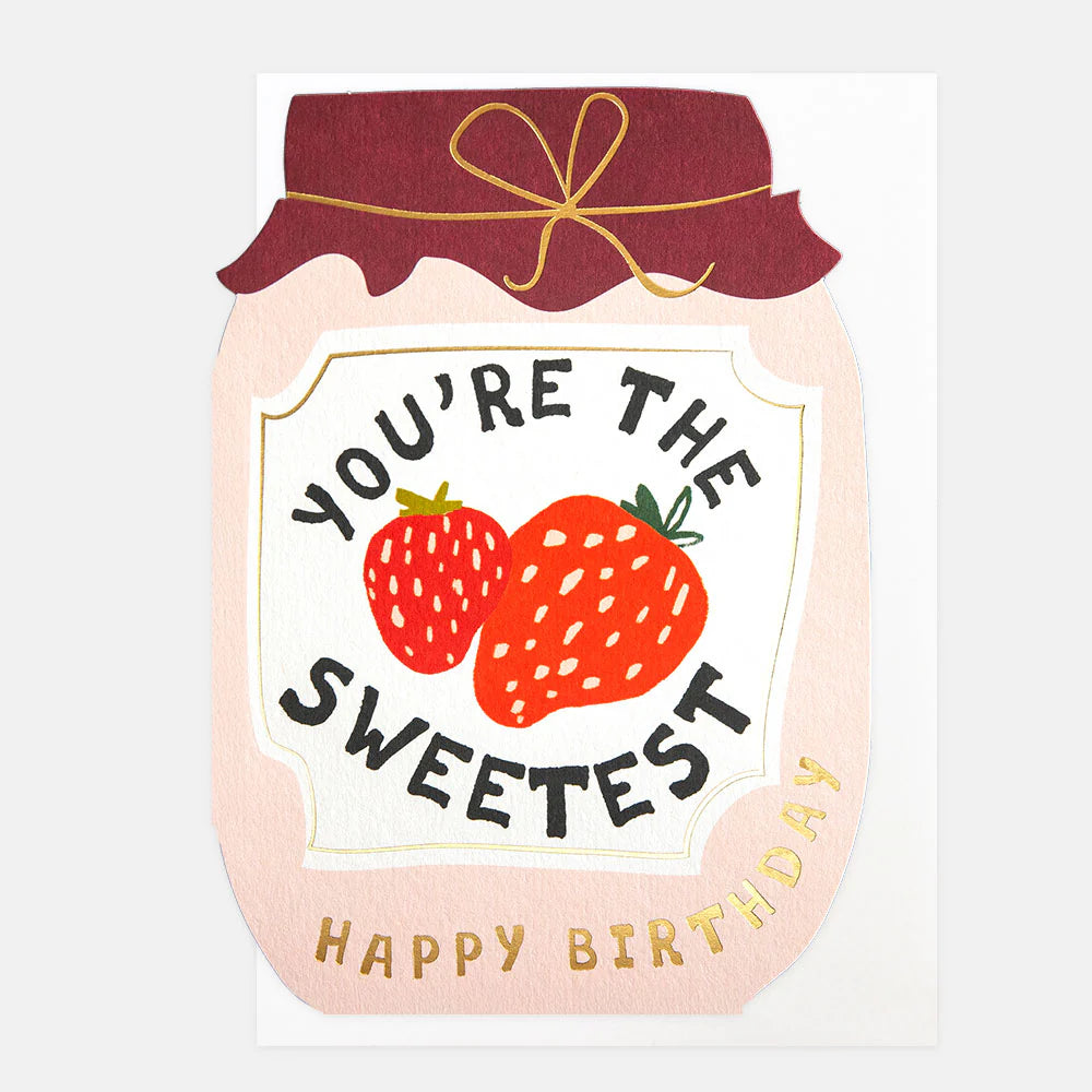 Caroline Gardner "You're The Sweetest" strawberry birthday card with colorful design and playful font artwork.