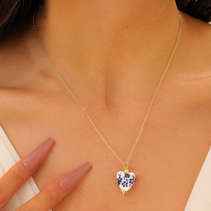 White, Blue &amp; Gold Porcelain Heart Necklace