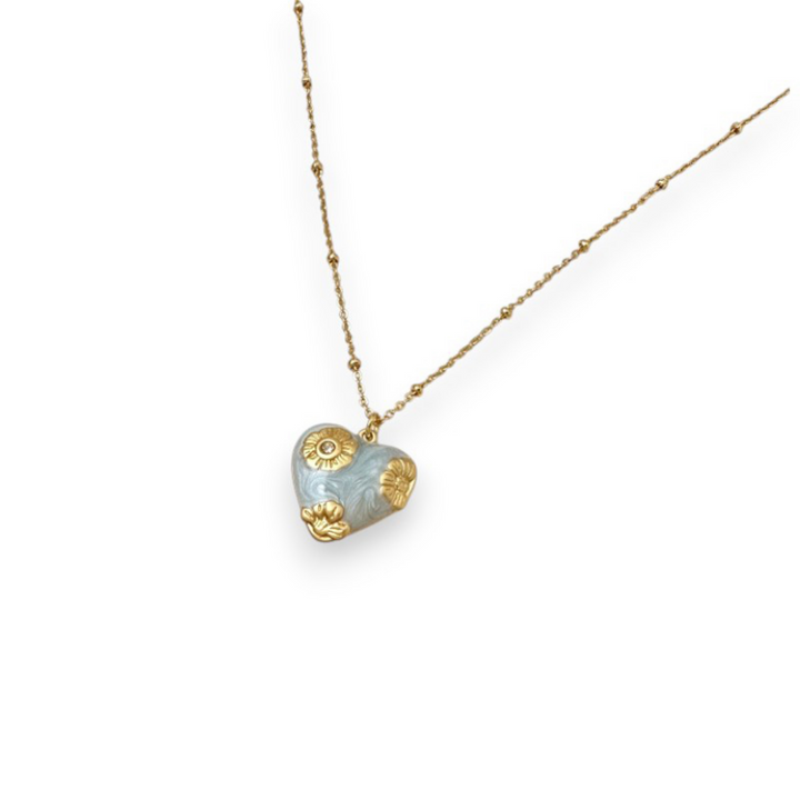 Pale Blue &amp; Gold Flowered Heart Pendant Necklace