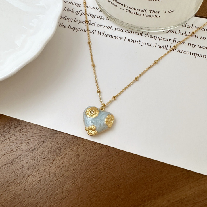 Pale Blue &amp; Gold Flowered Heart Pendant Necklace
