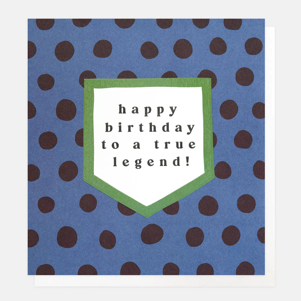 Caroline Gardner "Happy Birthday to a True Legend" burgundy greeting card featuring elegant lettering and decorative design.