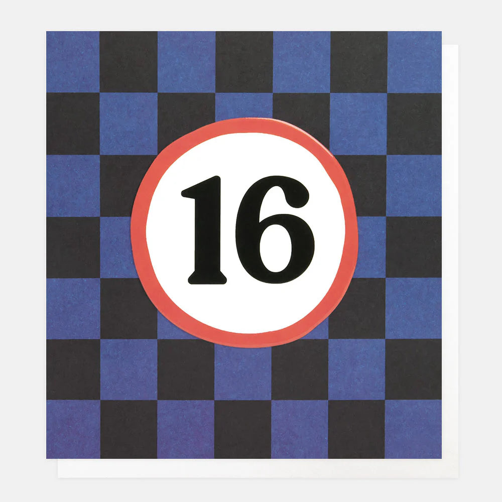 Blue grid card for age 16 by Caroline Gardner, featuring a stylish blue and white checkered design, perfect for special birthday wishes.