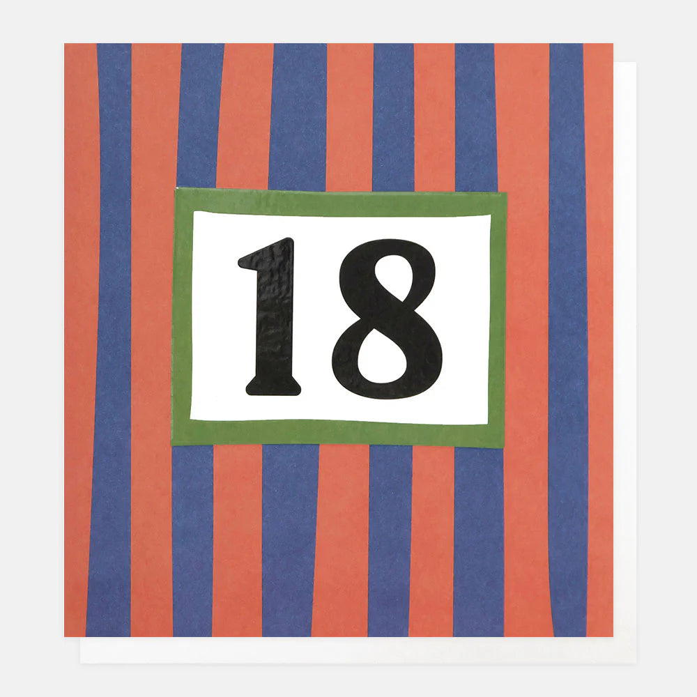 Red and blue striped age 18 gift card from Caroline Gardner, featuring vibrant colors and modern design.
