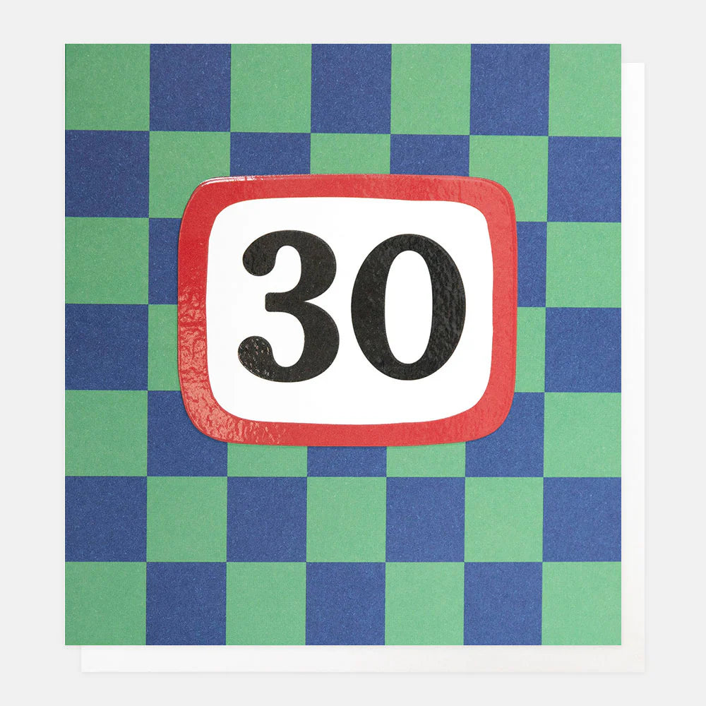 Blue and green grid card for age 30 by Caroline Gardner, featuring modern geometric design, from Cornucopia Home and Gift.
