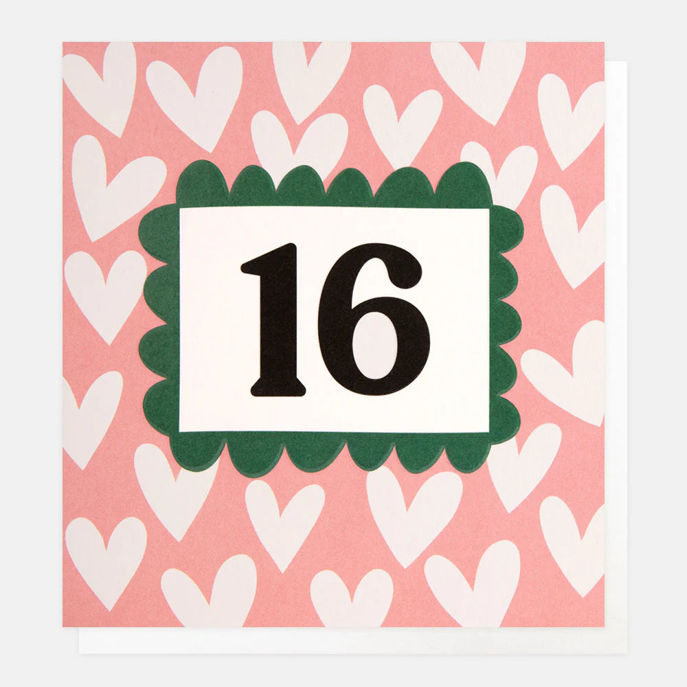 White hearts on pink 16th birthday card by Caroline Gardner, featuring cheerful heart illustrations on a vibrant pink background.