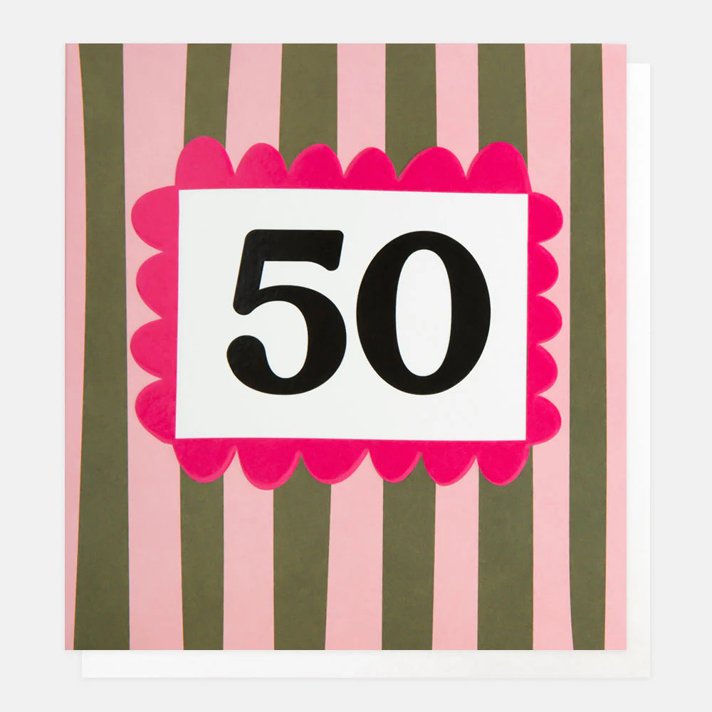 Pink and khaki striped number card with "50" from Caroline Gardner, featuring a stylish design perfect for celebrations.