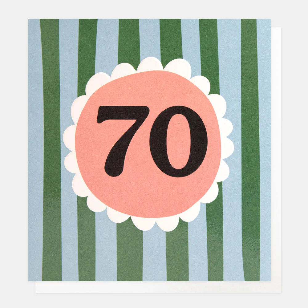 Caroline Gardner 70 number green and blue striped ceramic mug with bold design, perfect for everyday use.