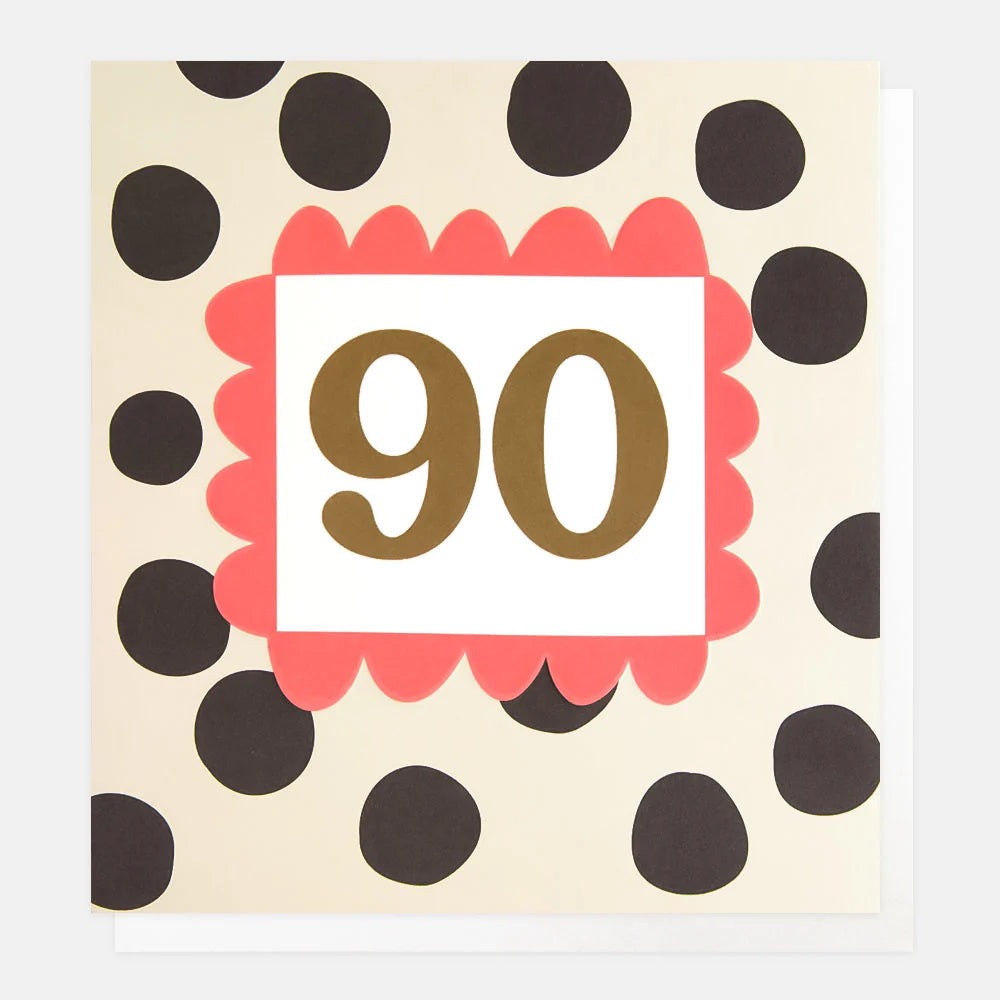 Caroline Gardner Lots of Love Age 90 greeting card featuring colorful floral design and elegant typography.
