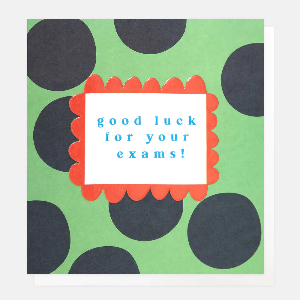 Caroline Gardner good luck exam card with colorful floral design and motivational message for students.