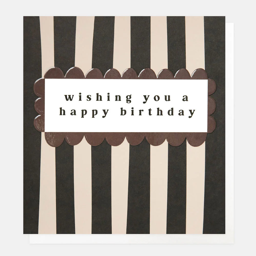 Caroline Gardner wishing you a happy birthday mono stripe greeting card with a colorful striped design and cheerful message