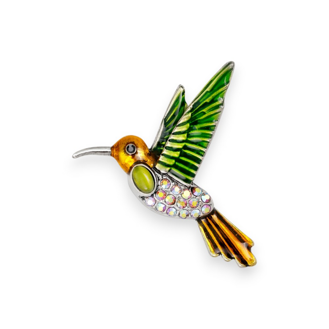 Green &amp; Yellow Hummingbird Brooch – Silver Detail