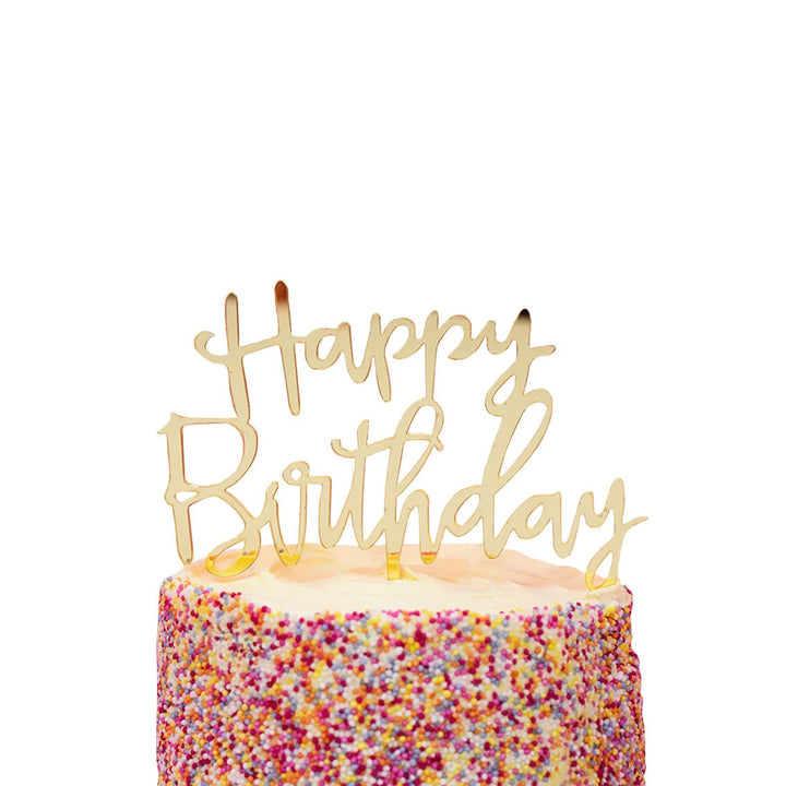 Gold "Happy Birthday" cake topper by Talking Tables, featuring luxe design from Cornucopia Home and Gift, perfect for celebration cakes.