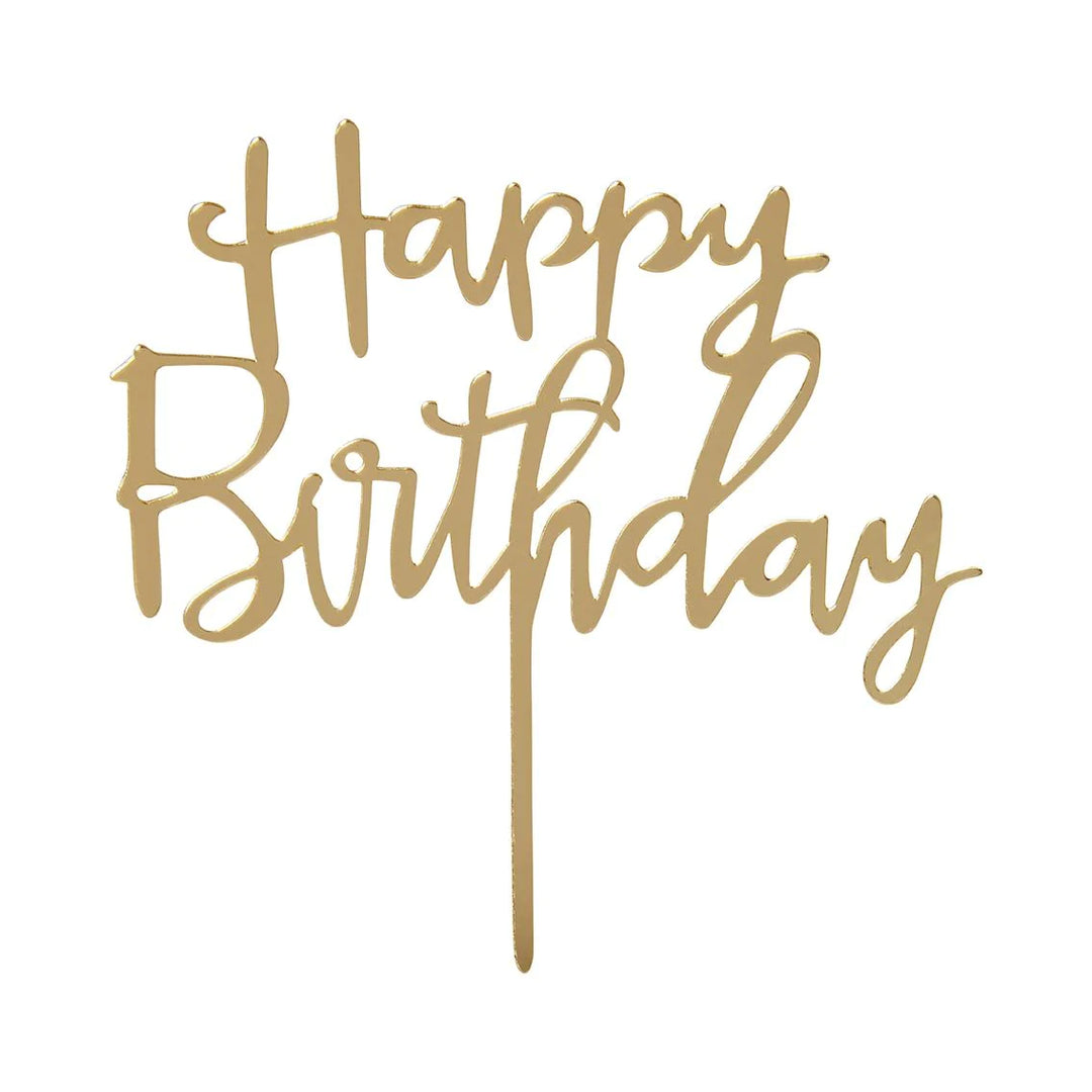 Gold Luxe Happy Birthday cake topper from Talking Tables, featuring elegant design for celebration cakes.