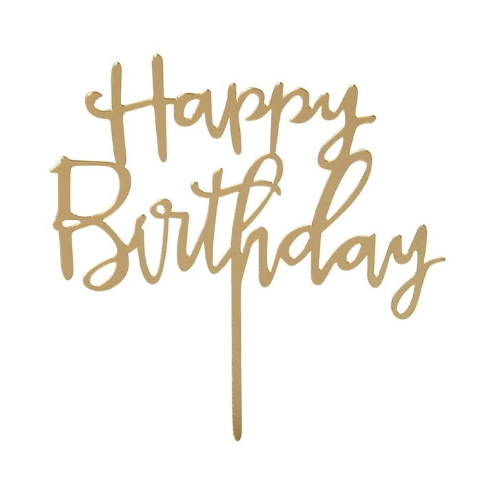 Gold Luxe Happy Birthday cake topper from Talking Tables, featuring elegant design for celebration cakes.