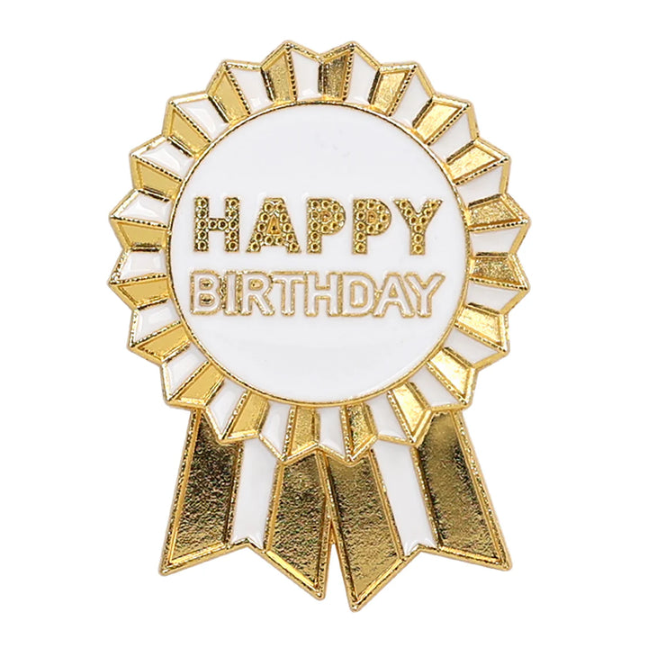 Gold enamel "Happy Birthday" pin badge by Talking Tables, featuring a luxe design from Cornucopia Home and Gift.