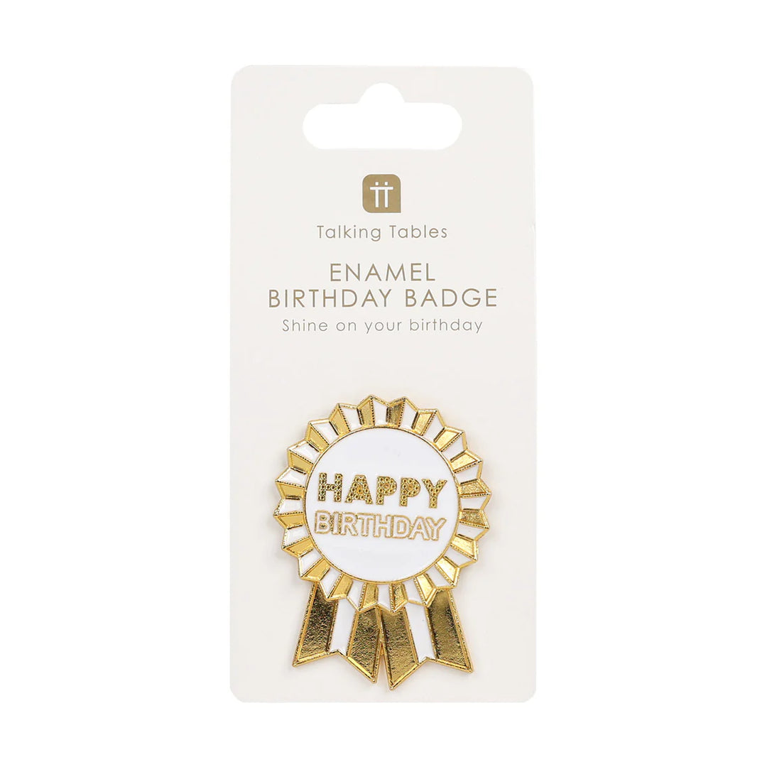 Gold enamel "Happy Birthday" pin badge by Cornucopia Home and Gift, featuring a Luxe Talking Tables design with a shiny metal finish.