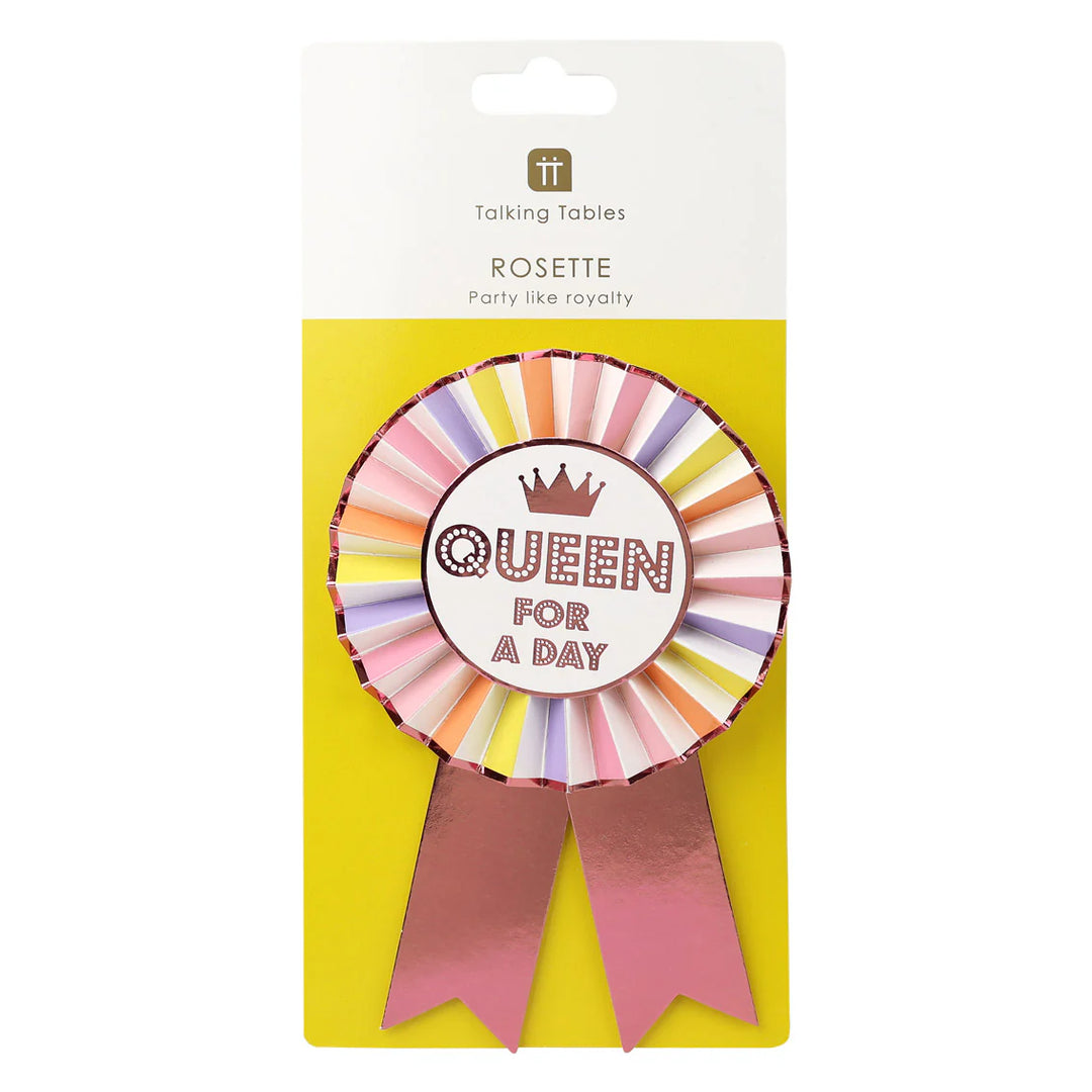 Gold "Queen for the Day" rosette badge by Talking Tables, featuring elegant design perfect for celebrations and special occasions.