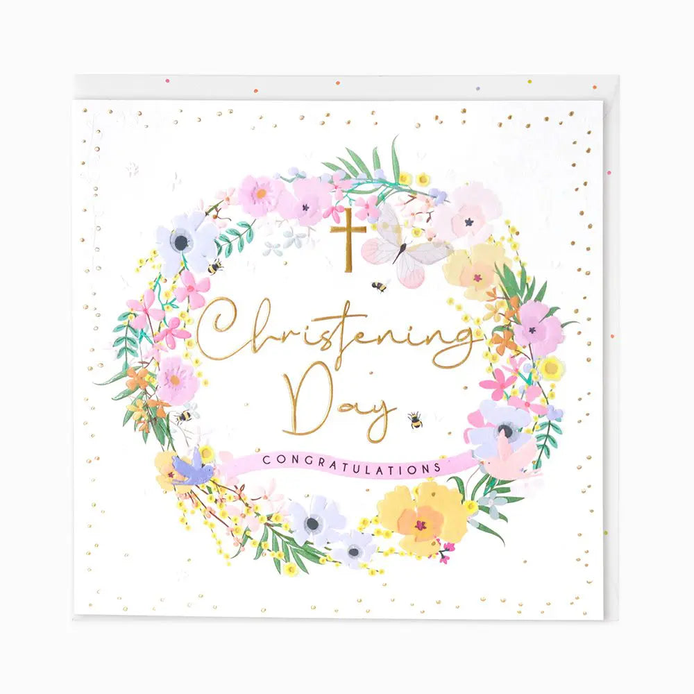 Luxe Christening Day floral wreath belly button piercing by Cornucopia Worcester with intricate floral design and gold accents.