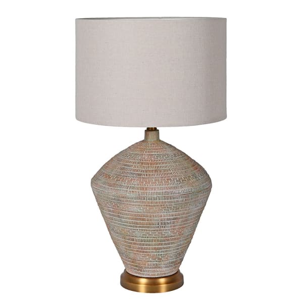 Concrete Coach House lamp with linen shade by Cornucopia Home and Gift, featuring a modern design and textured concrete base.