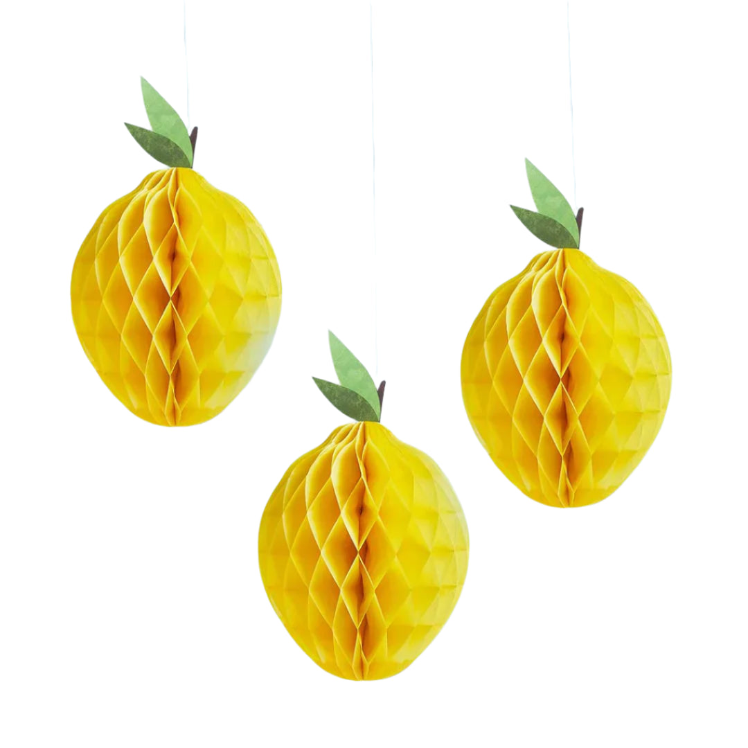 Box of 3 Gisela Graham Easter honeycomb lemon paper decorations for festive home decor, featuring bright yellow lemon designs.
