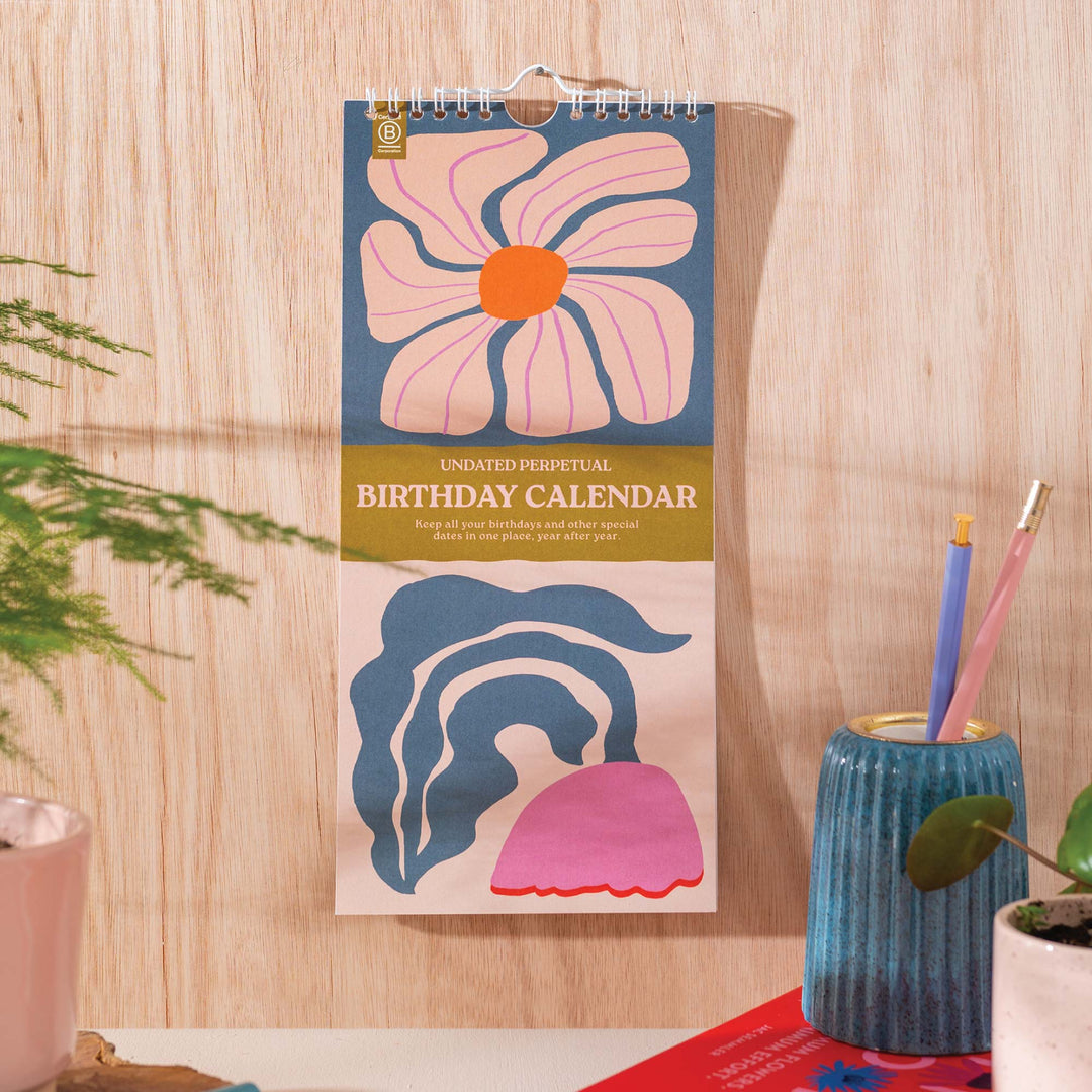 Les Fleurs birthday calendar by Cornucopia Home, featuring a decorative perpetual calendar with floral design.