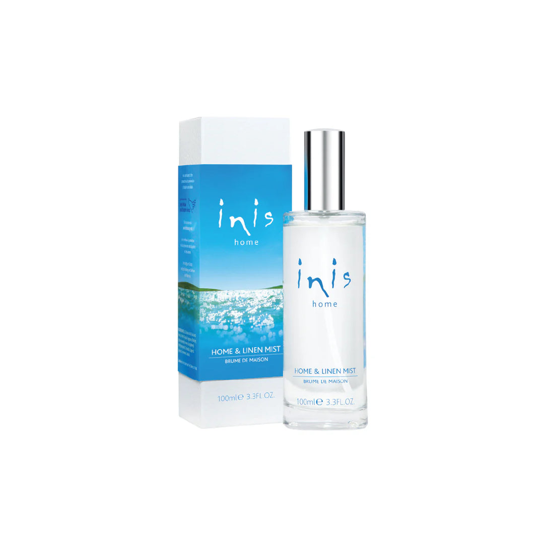 Inis Home &amp; Linen Mist bottle and packaging on a white background