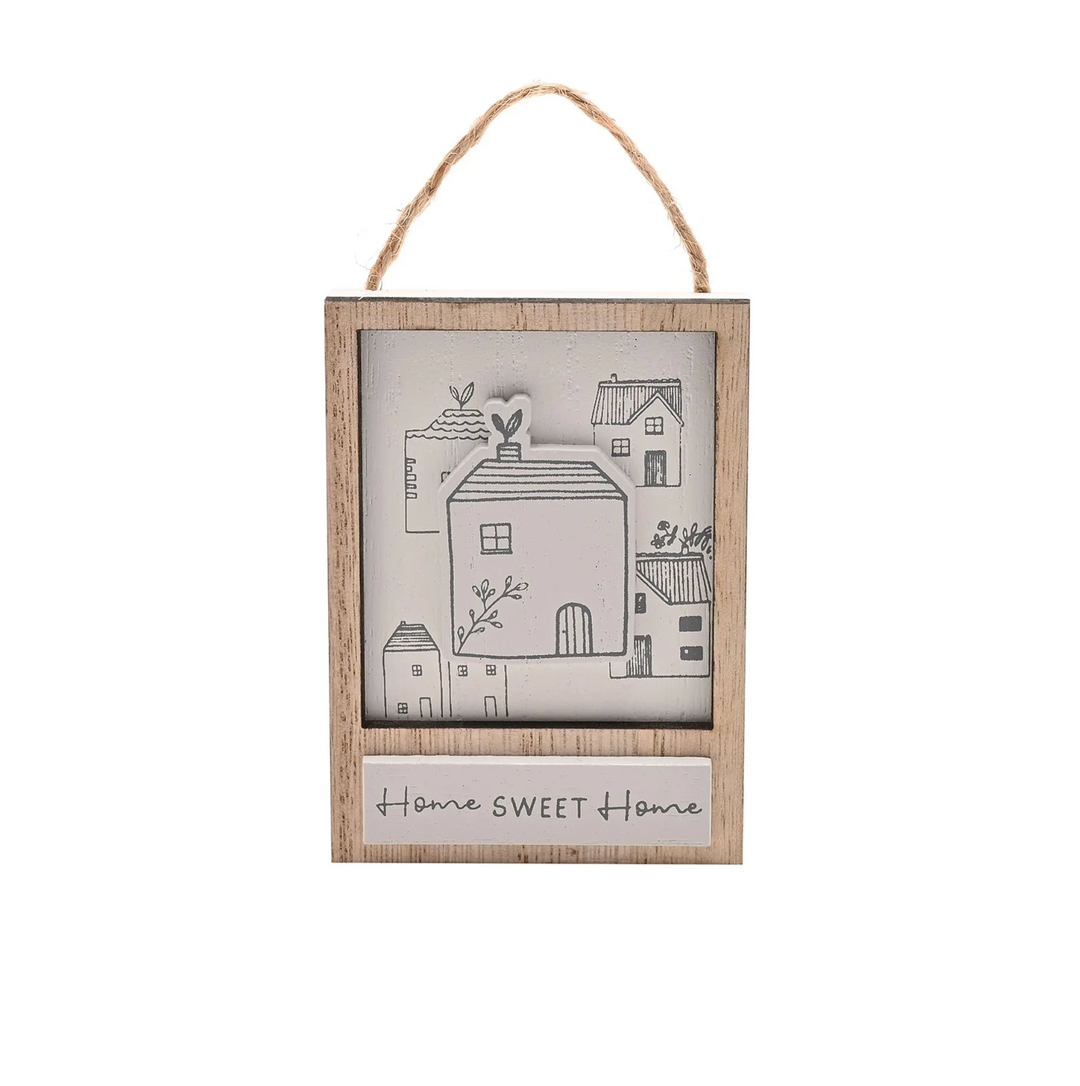 Decorative sign with houses illustration and &