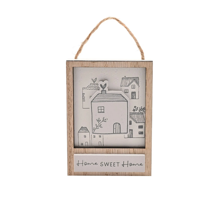 Decorative sign with houses illustration and &