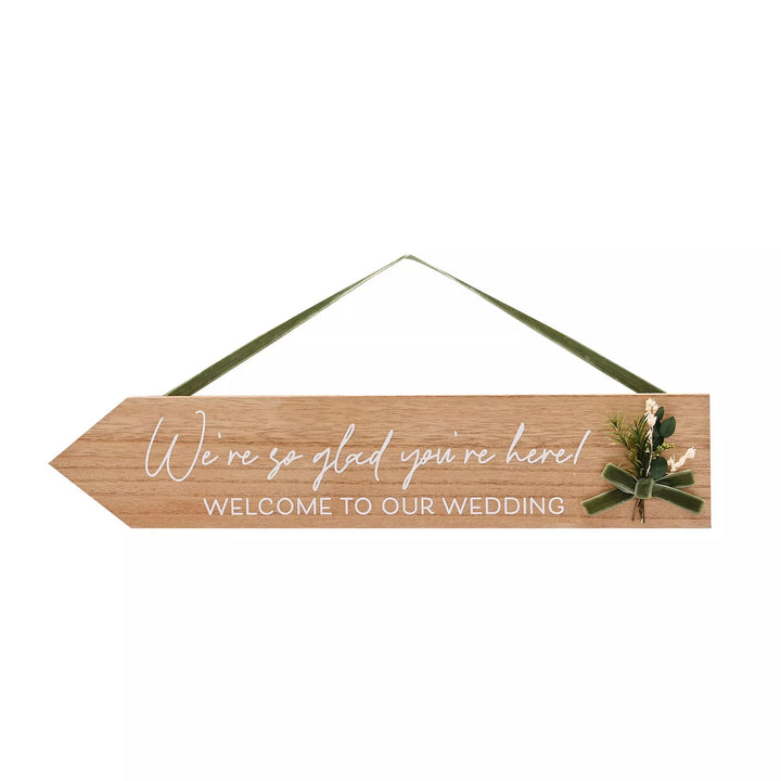 Love Story hanging arrow plaque by Widdop &amp; Co, featuring rustic wooden design with engraved love-themed lettering.
