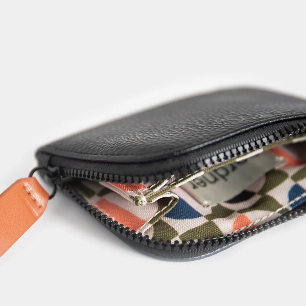 Caroline Gardner black and navy corner zip card holder, compact wallet with secure zip closure and multiple card slots.