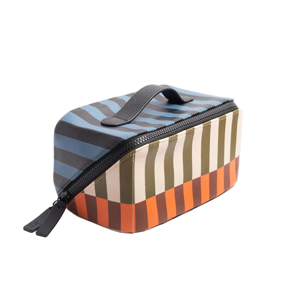 Caroline Gardner Retro Stripe Flat Lay Wash Bag in vibrant colors, designed for gifting, featuring bold stripe pattern and compact size.