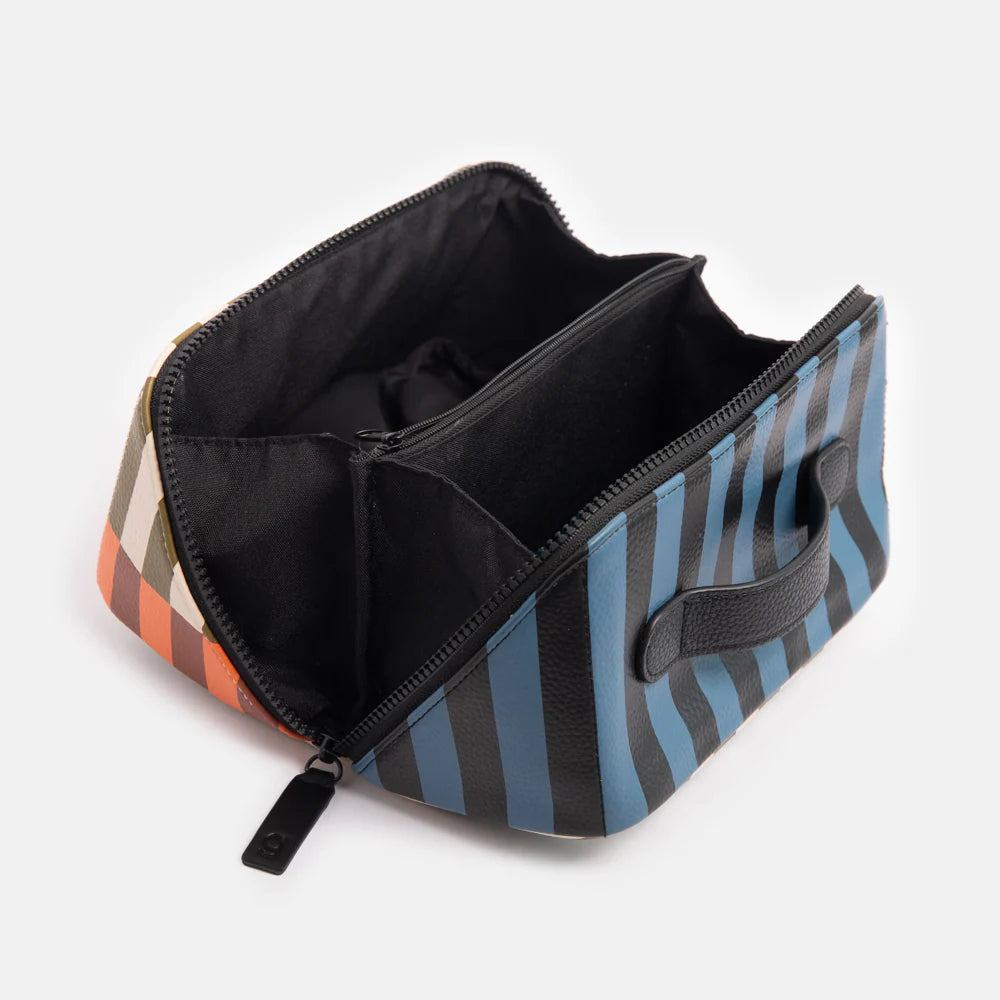 Caroline Gardner retro stripe flat lay wash bag with colorful striped pattern, ideal for travel or gift use.