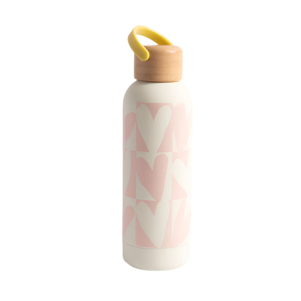 Pink Checkmate Heart metal water bottle by Caroline Gardner featuring a checkered heart design, ideal for staying hydrated in style.