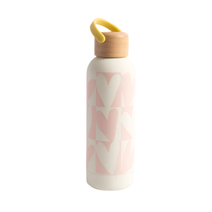 Pink Checkmate Heart metal water bottle by Caroline Gardner featuring a checkered heart design, ideal for staying hydrated in style.