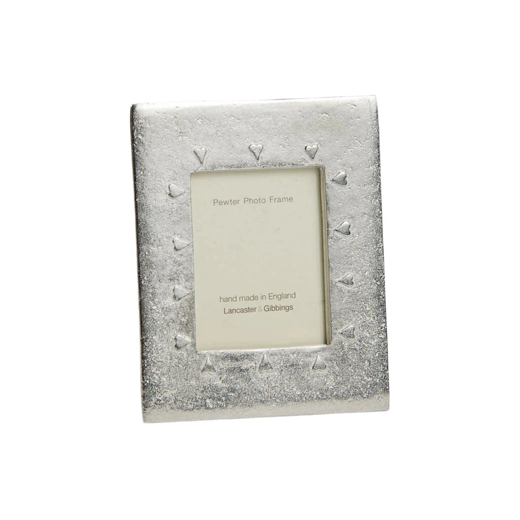 Handmade Lancaster and Gibbings pewter mini hearts photo frame with a medium size, perfect for displaying cherished photos.