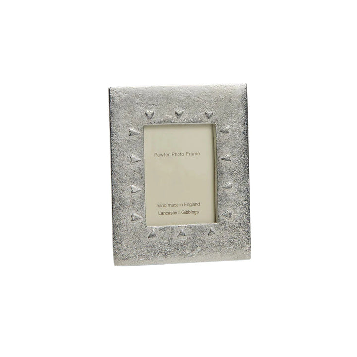 Handmade small mini hearts pewter photo frame by Lancaster and Gibbings for Cornucopia Home and Gift, featuring heart-shaped pewter accents.
