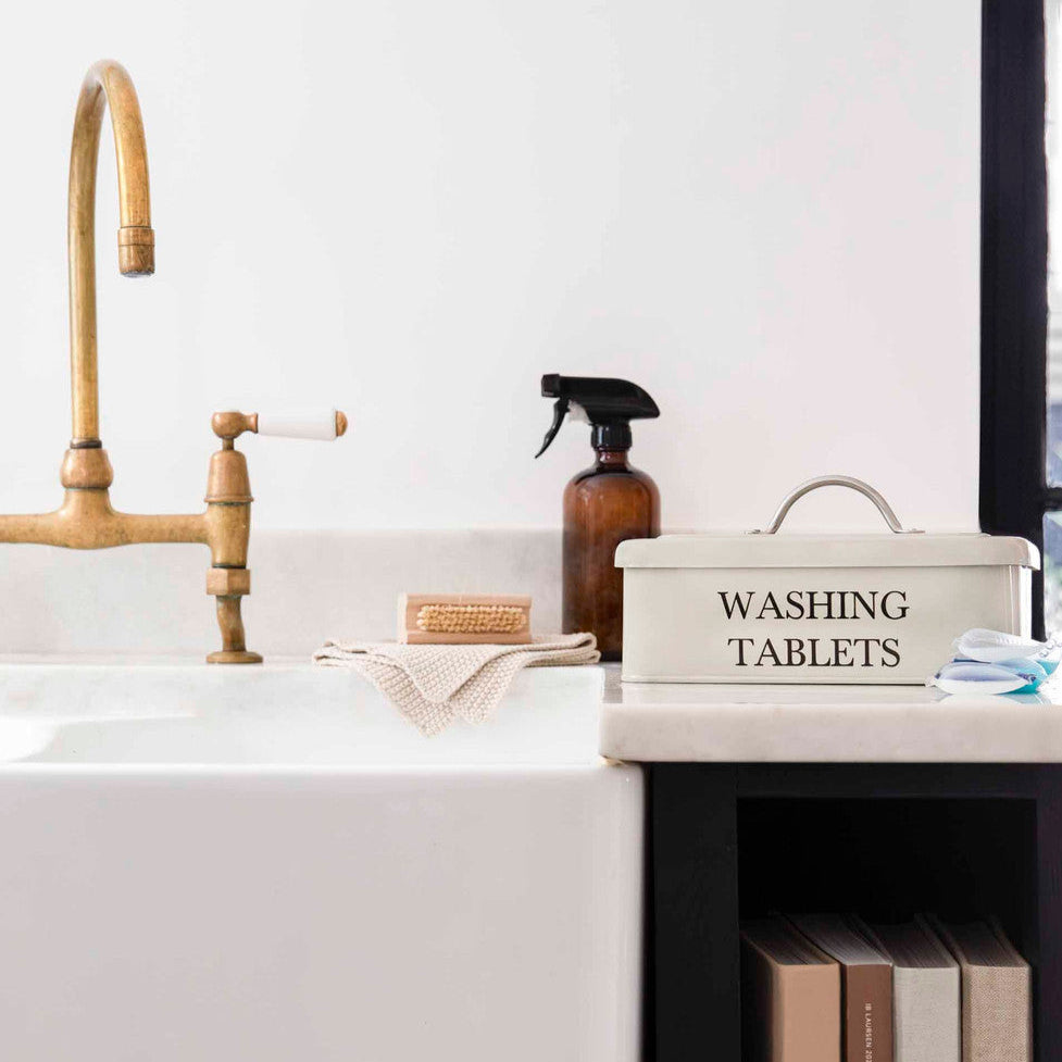 Garden Trading Clay Washing Tablet Box by Cornucopia Home and Gift, showing a rectangular storage container with a lid for laundry tablets.