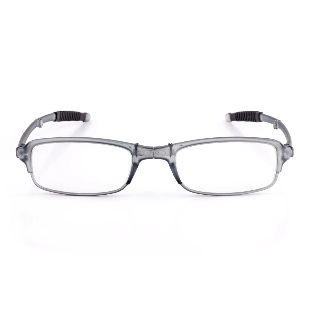 Kikkerland folding reading glasses in a protective glass case, featuring compact, portable design for easy storage and use.