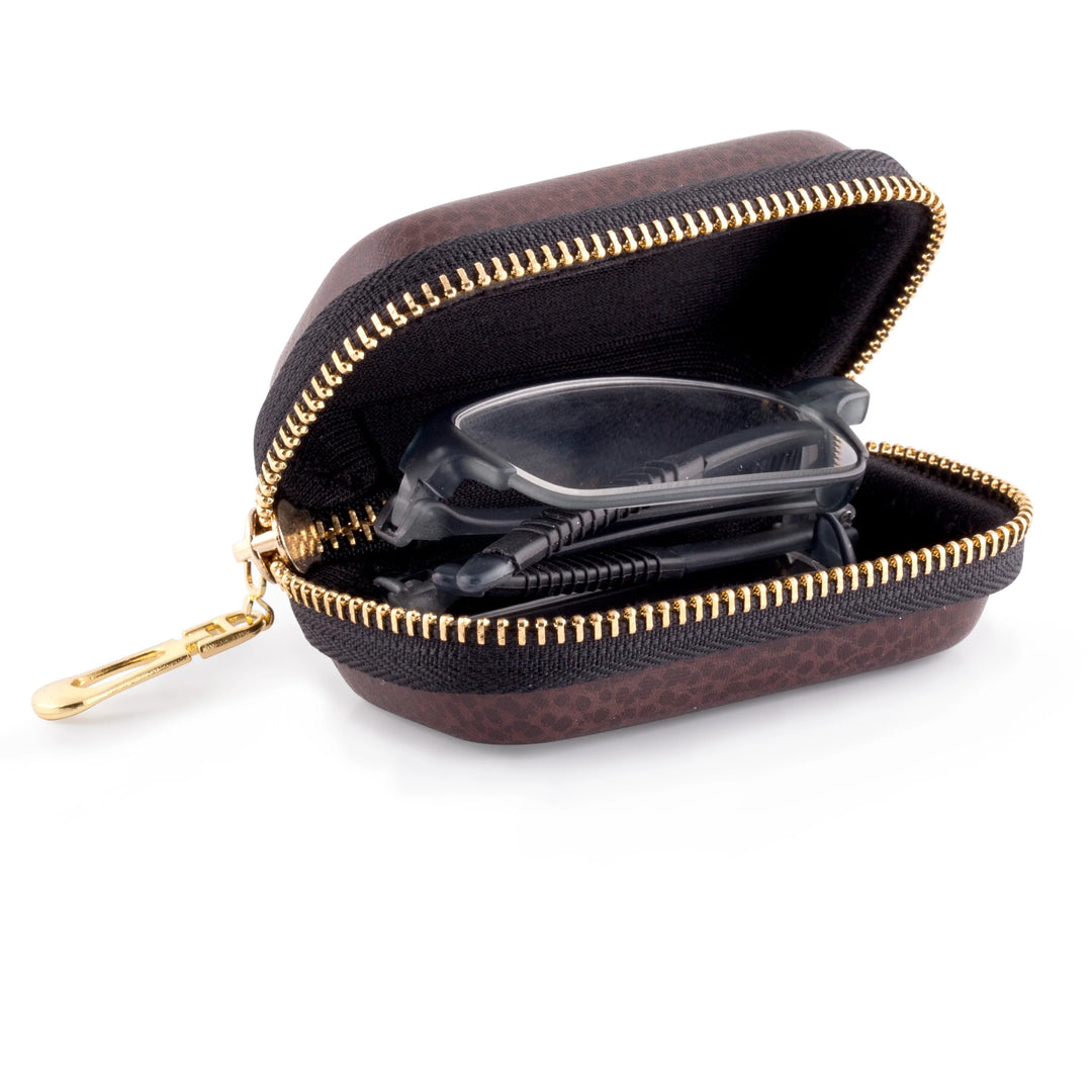Kikkerland folding reading glasses in a clear glass case, compact and portable for easy storage and use.