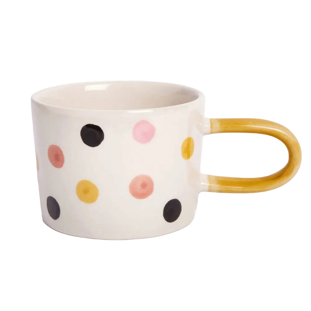 Caroline Gardner multi-dotty ceramic mug with colorful polka dot pattern, ideal as a stylish gift from Cornucopia Home and Gift.