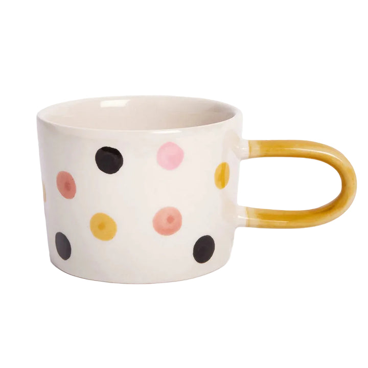 Caroline Gardner multi-dotty ceramic mug with colorful polka dot pattern, ideal as a stylish gift from Cornucopia Home and Gift.